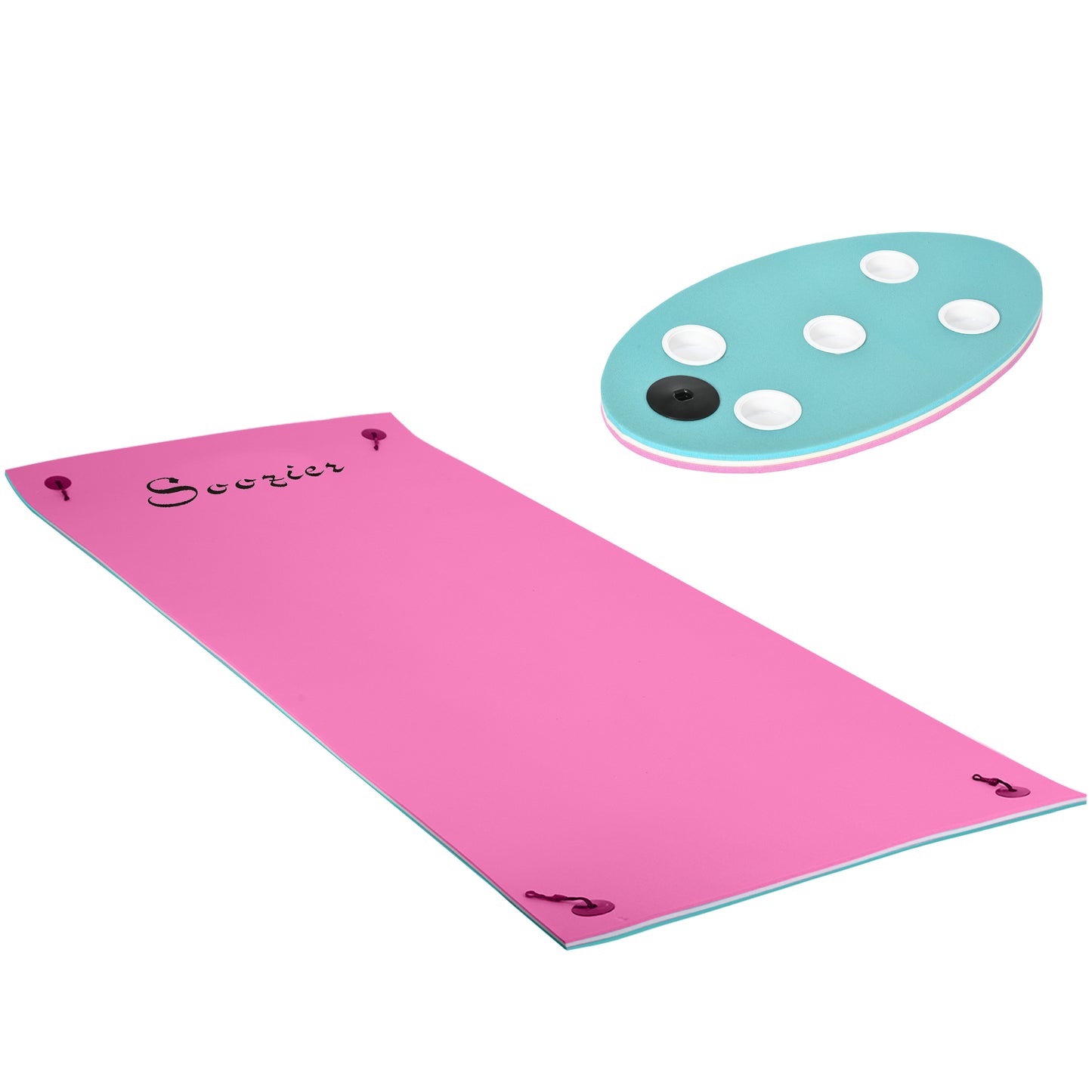 Web Based 12' x 5' Lily Pad Floating Mat with Cup Holder Table, 3-Layer Portable Roll-Up Water Mat Float Dock for 2-3 People, on Lake, River, Beach, Swimming Pool, Pink
