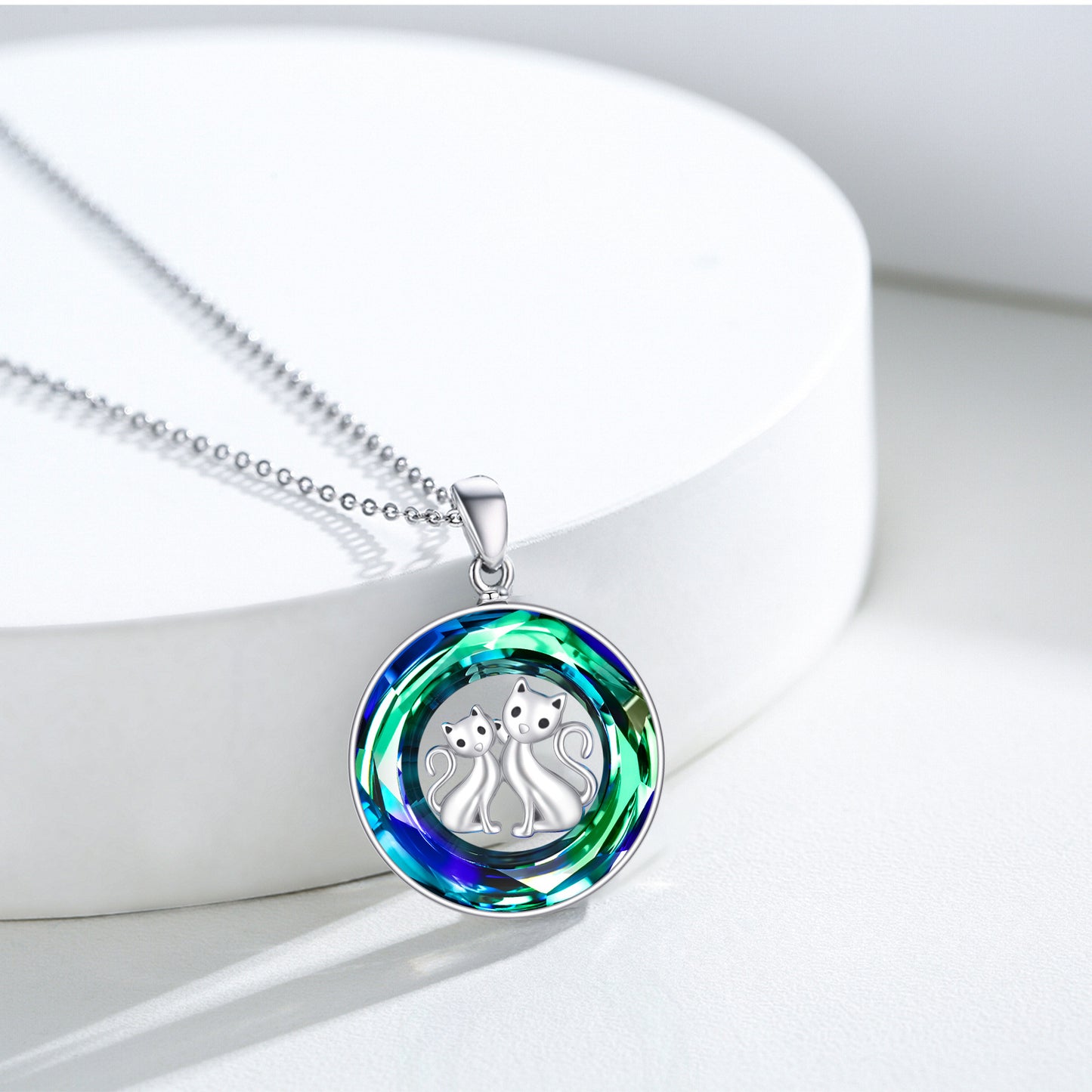 Web Based Crystal Circle Cat Pendant Necklace Sterling Silver