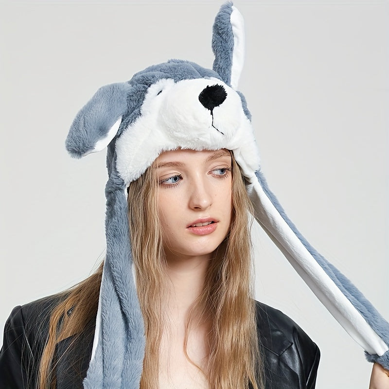 Web Based Cute Animal Moving Ear Hat Cute Panda Dog Frog Puppy Plush Hats Halloween Cosplay Party Earflap Hat For Women