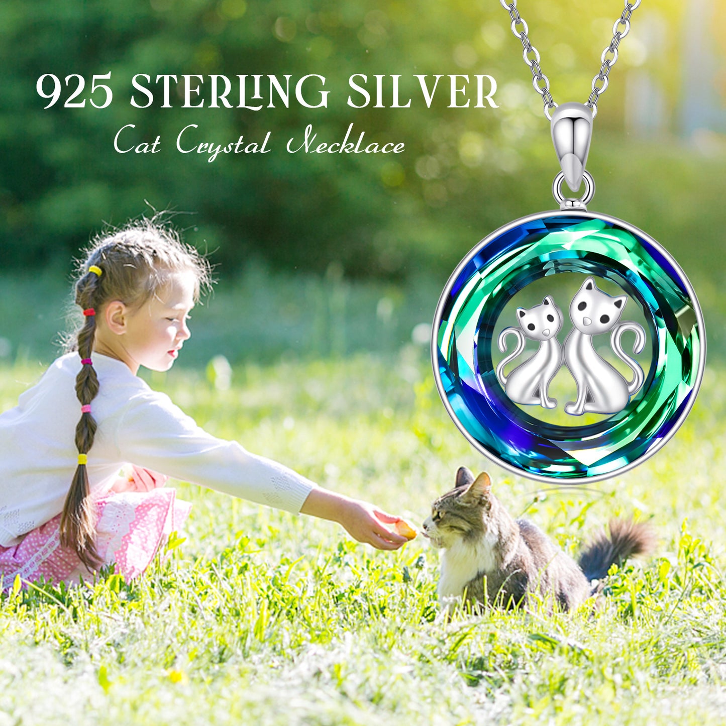 Web Based Crystal Circle Cat Pendant Necklace Sterling Silver