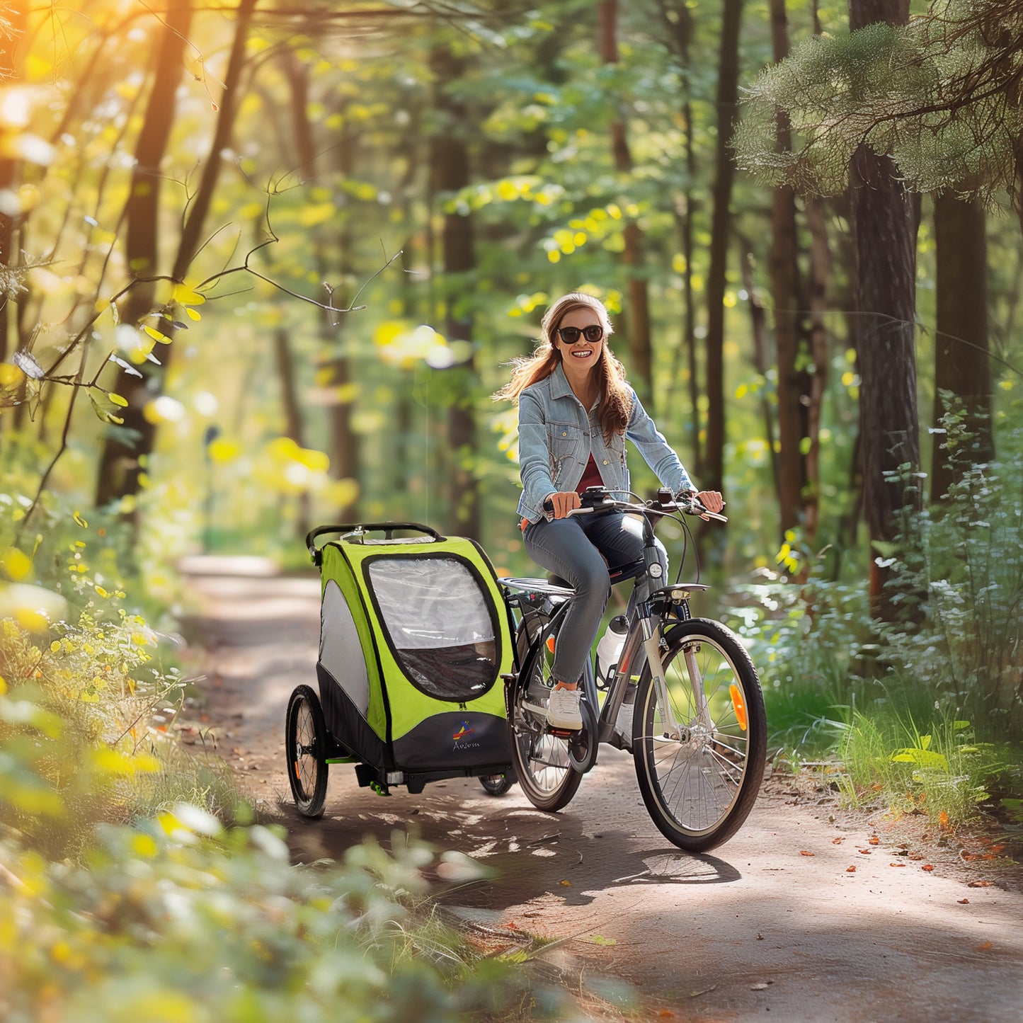 Web Based Bike Trailer for Kids 3 In1 Foldable Child Jogger Stroller Baby Stroller Transport Carrier with Shock Absorber System Rubber Tires Adjustable Handlebar Kid Bicycle Trailer Green and Gray
