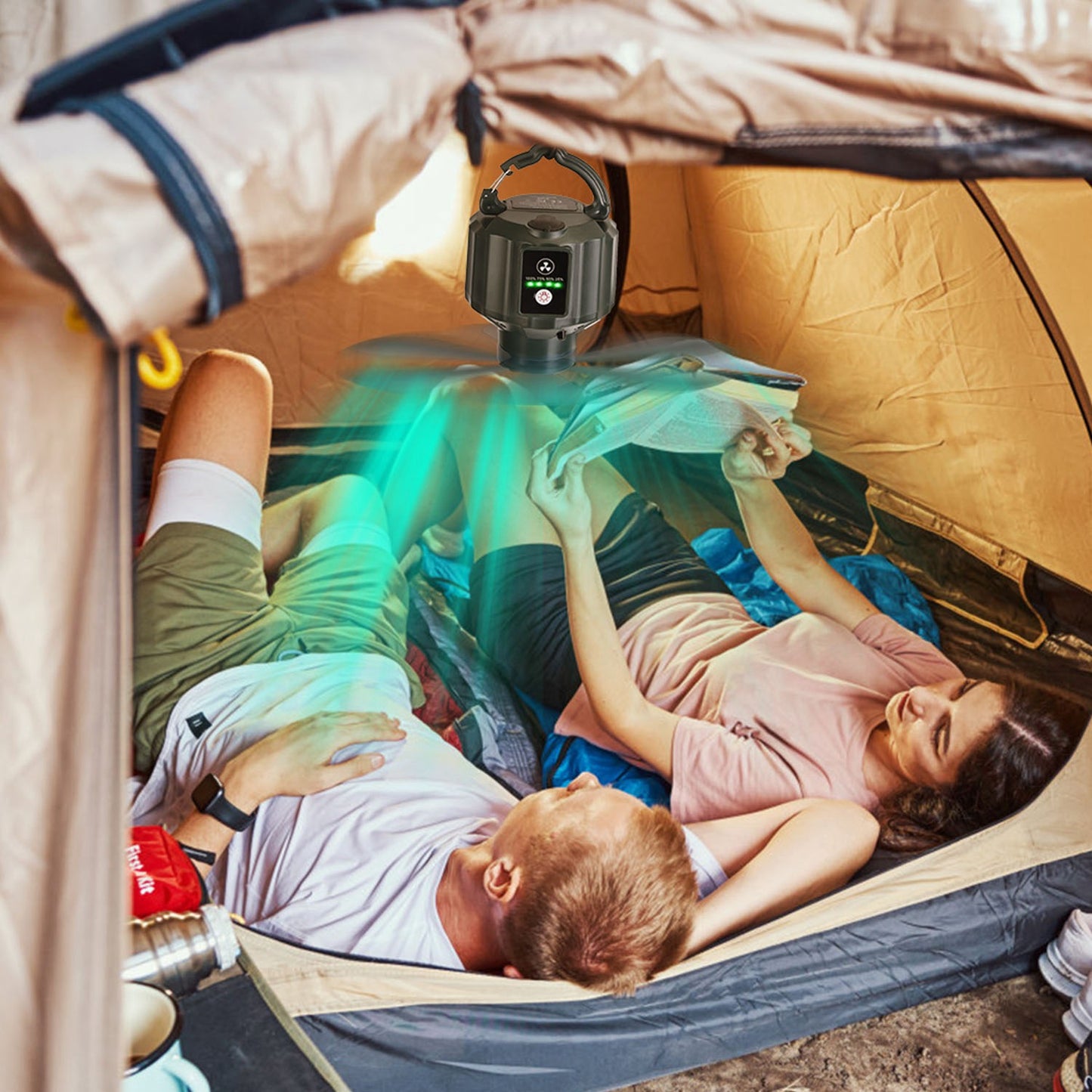 Web Based Portable Camping Ceiling LED Fan  USB Battery Powered Hanging Tent Lantern Fan Power Bank With 3 Fan Speed 3 Light Brightness Smart Timer Remote Control