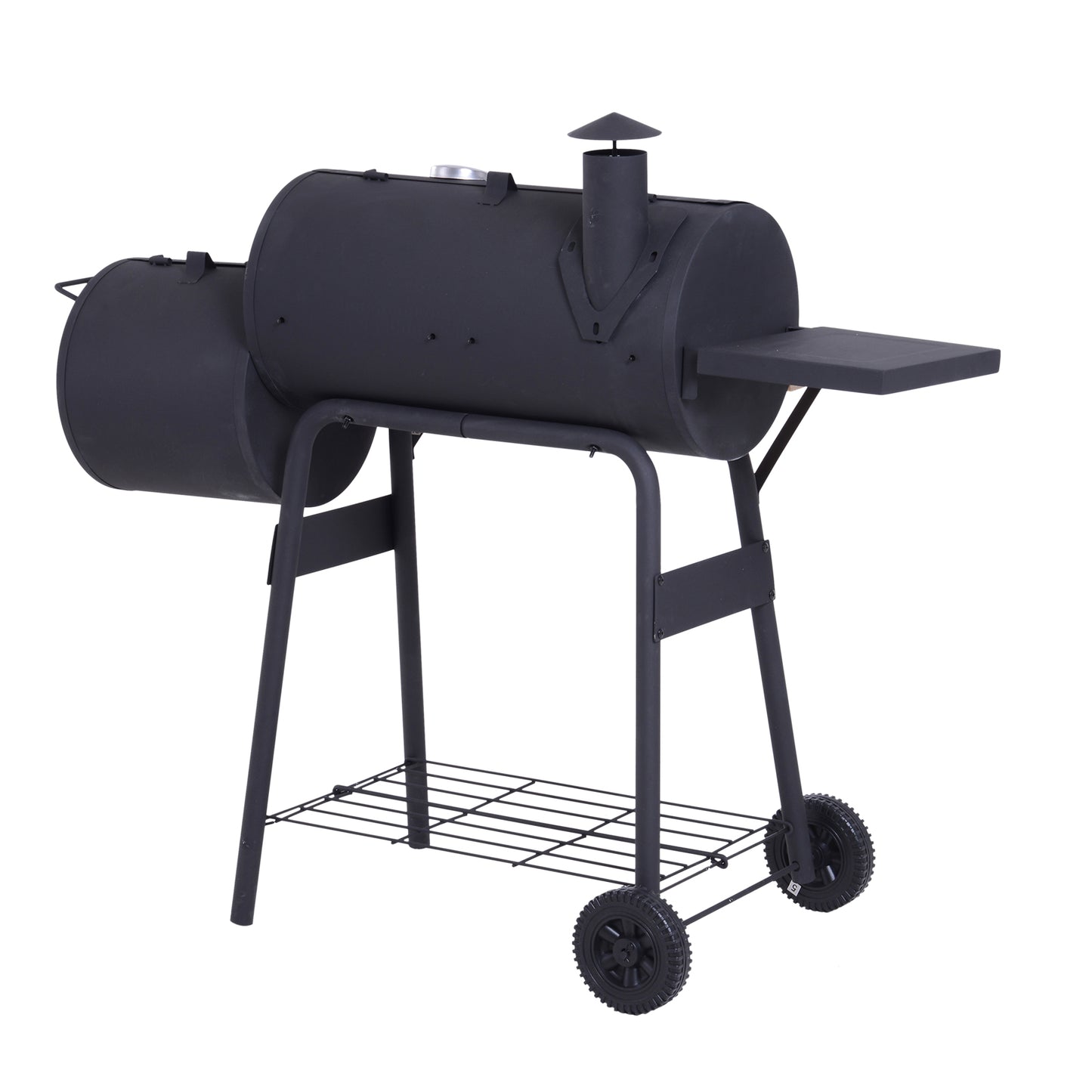 Web Based Charcoal BBQ, Portable Grill with Wheels, All-in-One Grill, Side vent, Two Shelves and Metal Grating, Lit-Mounted Thermometer, Wooden Handle, for Outdoor Cooking, Black