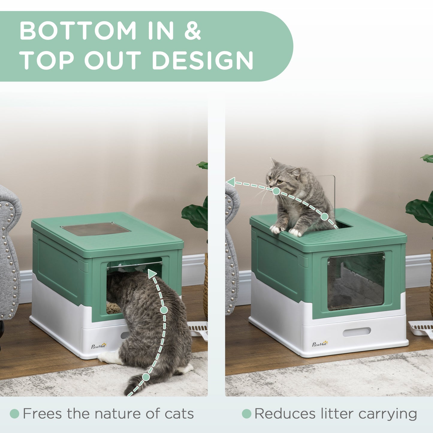 Web Based Fully Enclosed Cat Litter Box with Front Entry and Top Exit, Plastic, Green & White