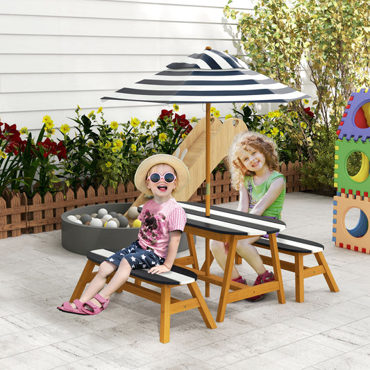 Web Based Kids Table and Chair Set Wooden Kids Outdoor Table Set with Removable Umbrella for 4 Kids Ages 3-8 Years Old