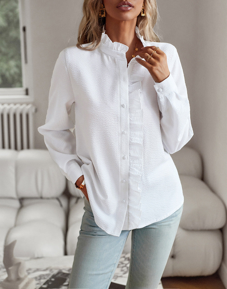 Web Based Striped Long Sleeve Shirt Fashion Ruffle Design Button Up Tops Casual Office Blouse Elegant Commuting Women's Clothing