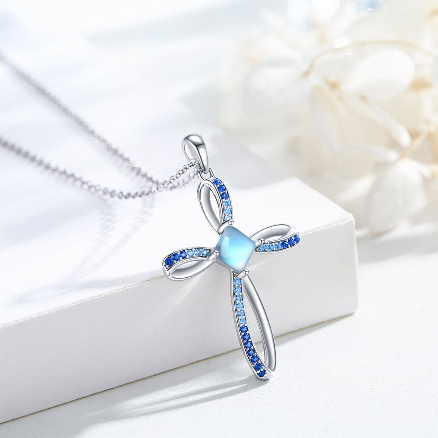 Web Based Moonstone Cross Pendant Necklace in 925 Sterling Silver