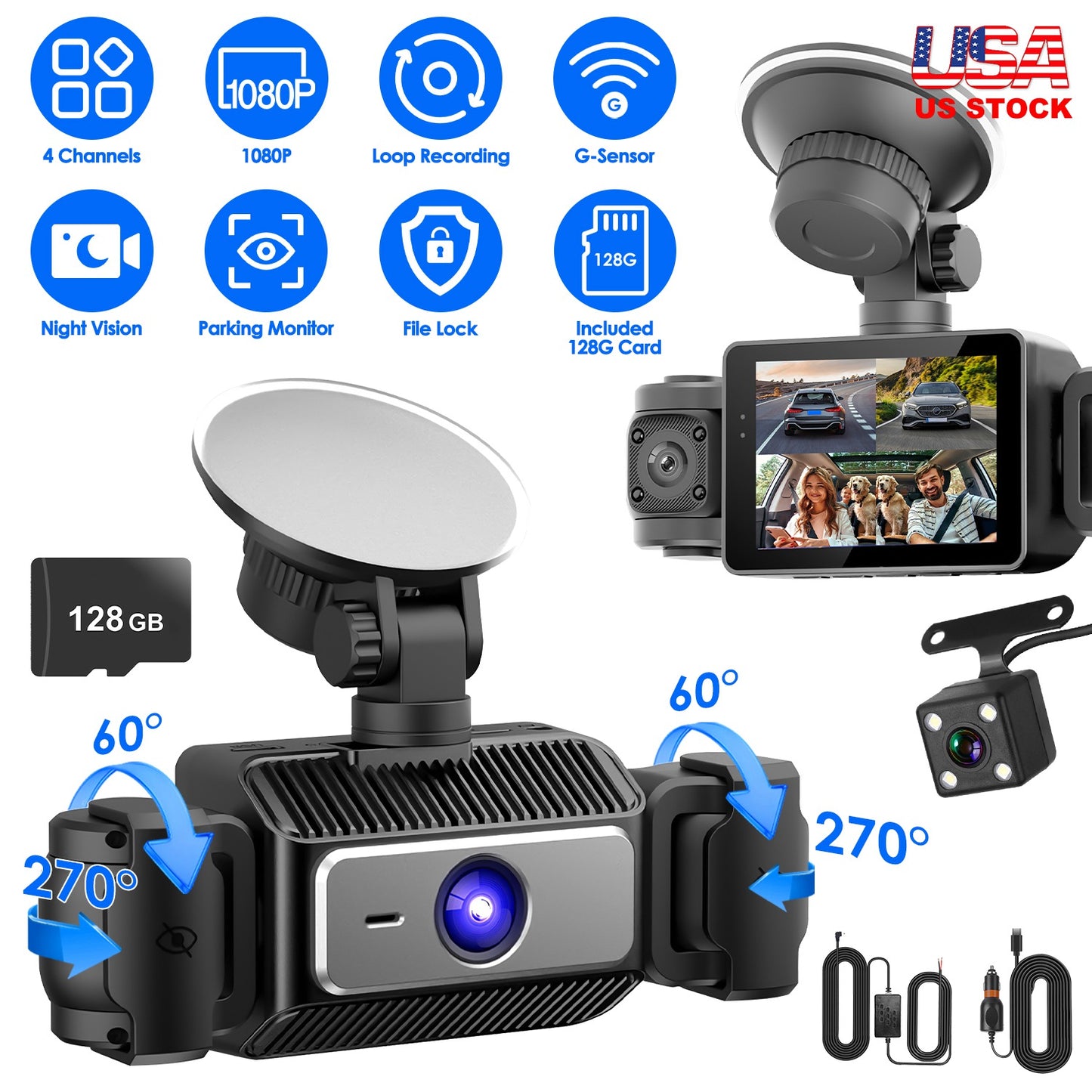 Web Based 4 Channel Car Dash Cam With 128G MMC Card 1080P Front 720P Left Right 480P Rear G-Sensor Parking Monitor Loop Recording Night Vision 360 Degree Surveillance Car Camera
