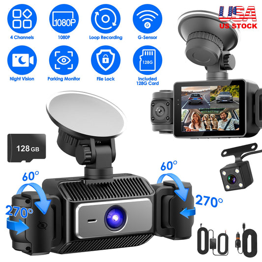 Web Based 4 Channel Car Dash Cam With 128G MMC Card 1080P Front 720P Left Right 480P Rear G-Sensor Parking Monitor Loop Recording Night Vision 360 Degree Surveillance Car Camera