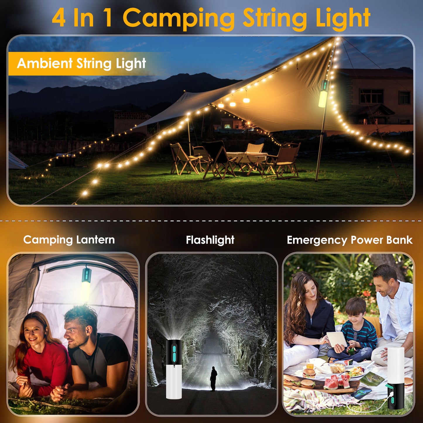 Web Based Rechargeable Camping String Light IP44 Waterproof Camping Lantern With 33Ft String Light 7 Light Modes Emergency Power Bank Carry Bag For Indoor Outdoor Wedding Party