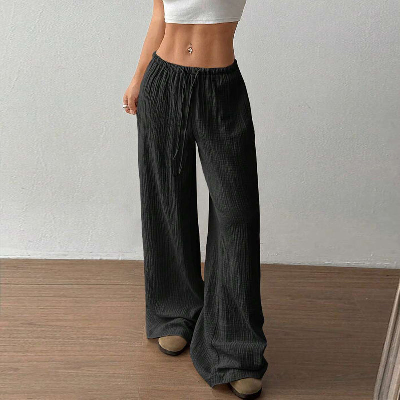 Web Based Plus Size Women's Solid Color High-Waisted Wide Leg Pants Drawstring Waist Casual Trousers For Spring And Autumn