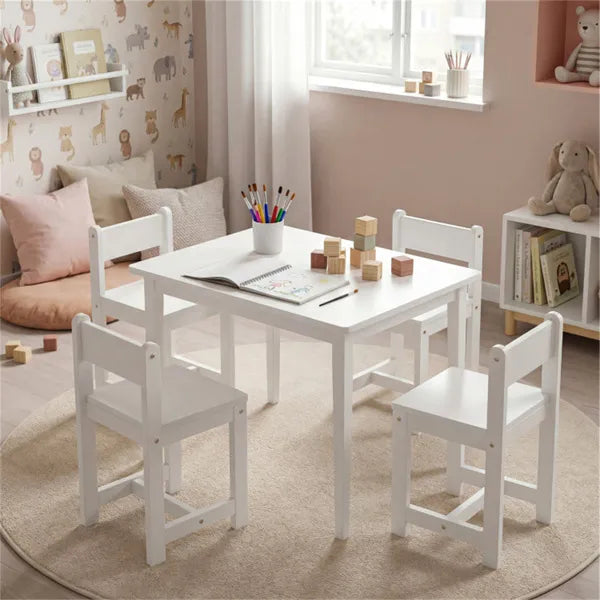 Web Based Kids Wooden Table And Chairs Set (1 Table + 4 Chairs), Rubber Wood Toddler Activity Set (White)
