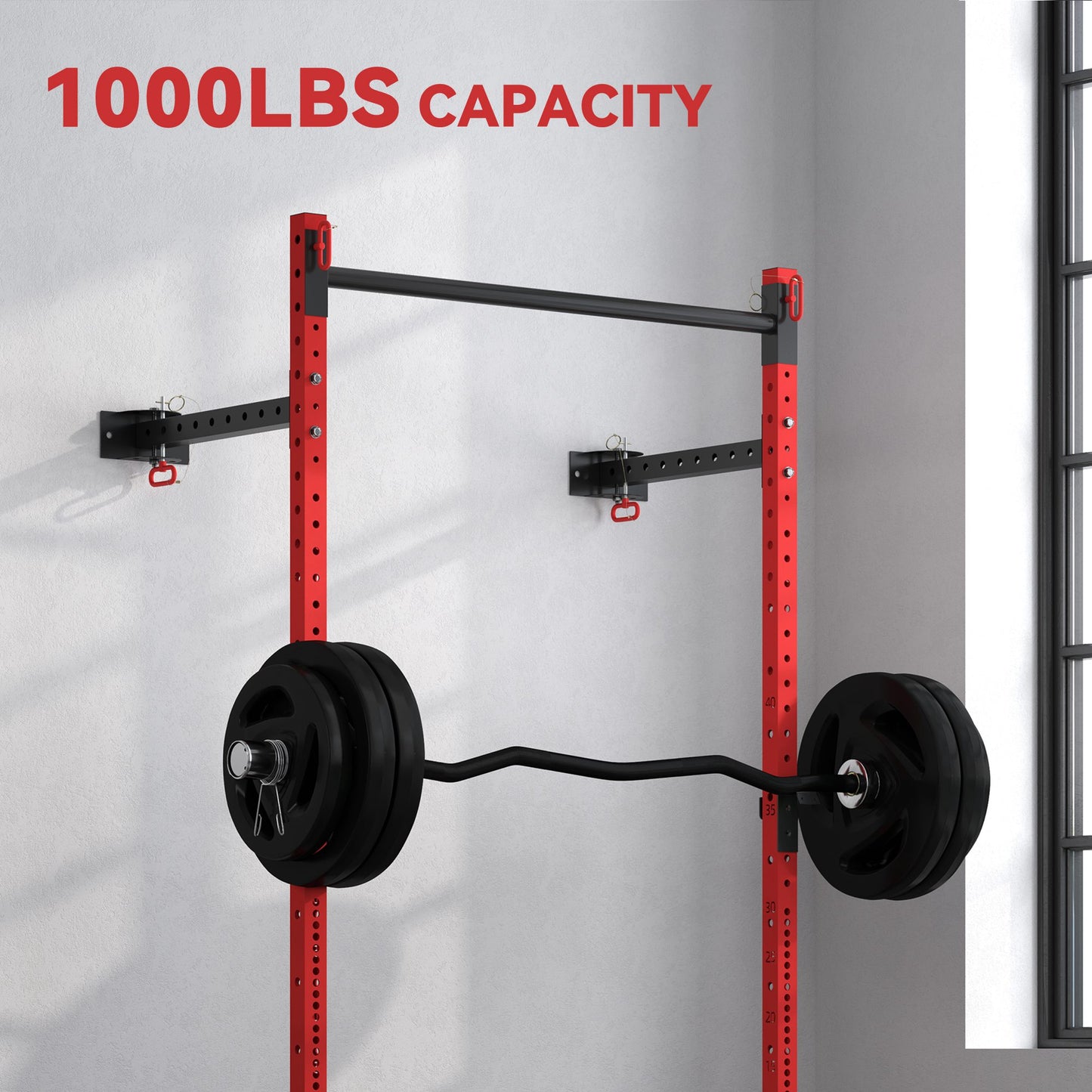 Web Based Folding Squat Rack with Pull Up Bar, Wall Mounted and Adjustable, 1000 Pounds Capacity Power Rack, Red