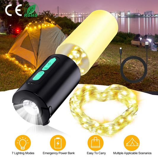 Web Based Rechargeable Camping String Light IP44 Waterproof Camping Lantern With 33Ft String Light 7 Light Modes Emergency Power Bank Carry Bag For Indoor Outdoor Wedding Party