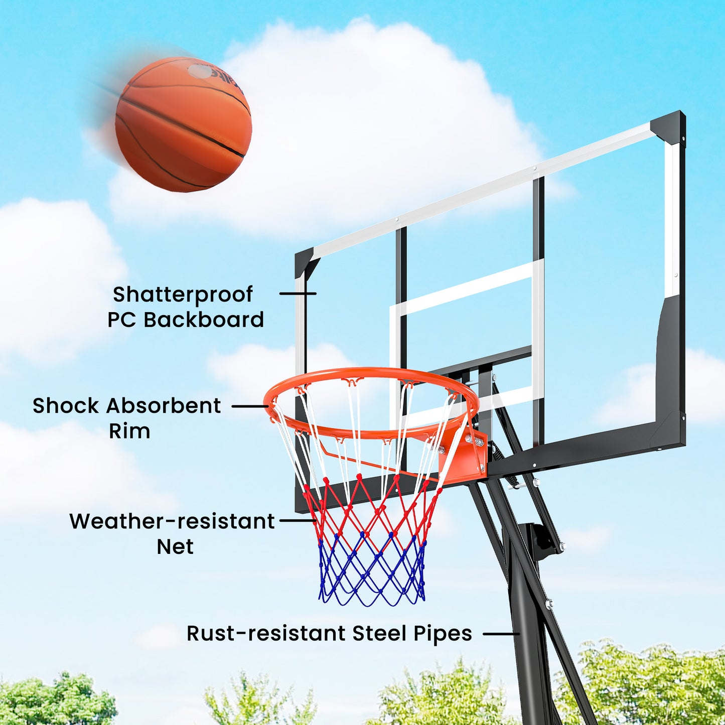 Web Based Portable Basketball Hoop Outdoor, 8-10ft Adjustable Basketball Goal, 47 Inch Shatterproof Backboard, Action Grip