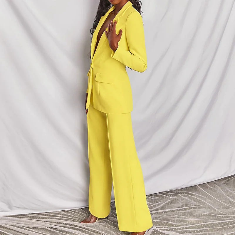 Web Based 2pcs Casual Suit Lapel Button-down Blazer Jacket And Straight-leg Pants Office Commuting Business Trousers Set Clothing
