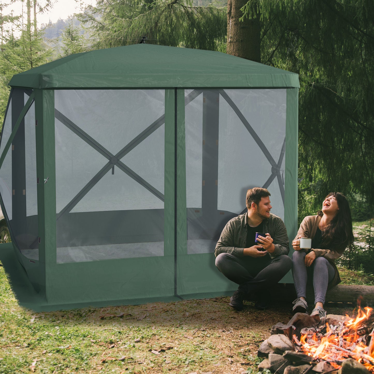 Web Based Pop Up Camping Canopy Gazebo Screen Shelter Tent with Single Person Easy Set-Up, Ventilating Mesh, Portable Carry Bag for Outdoor Camping Party Event, 7x7FT, Green