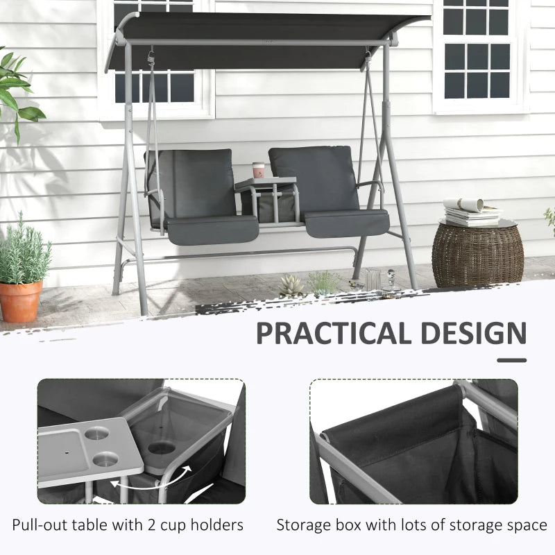 Web Based 2-Seater Outdoor Porch Swing With Canopy And Table, Patio Swing Chair For Garden, Poolside, Backyard, Gray