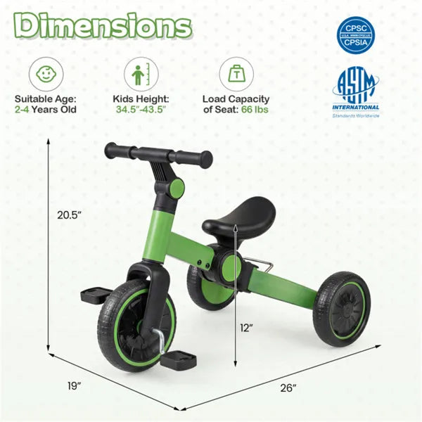 Web Based 5-In-1 Foldable Toddler Tricycle, Adjustable Handlebar & Ergonomic Seat With Removable Pedals - Green