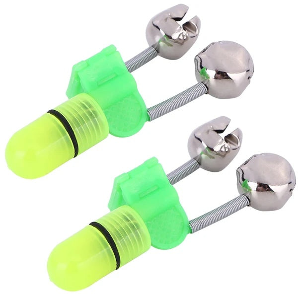Web Based LED Night Fishing Bite Bait Alarm 2 Bells Light Rod Tip Clip Alert Ring