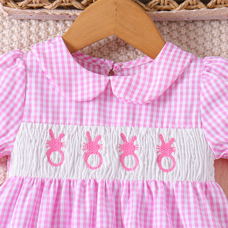 Web Based Toddler Girl's Lapel Bubble Sleeve Dress, Checkered Pattern & Bunny Embroidery A-Line Summer Dress