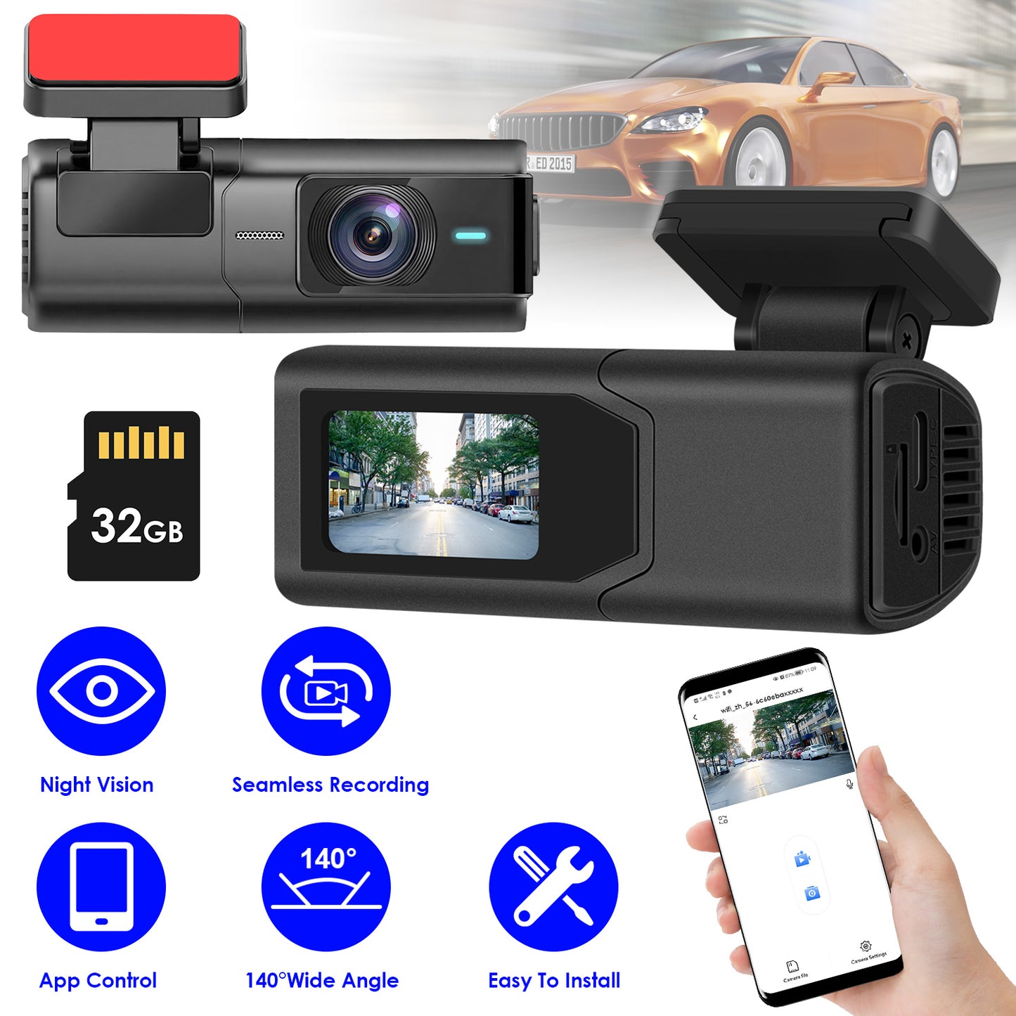Web Based 1Pc 2K HD Front Dash Cam For Car With IPS Screen Night Vision Loop Recording Included 32G Storage Card 140 Degree Wide Angle WiFi App Control Front Dashcam