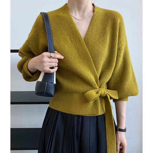 Web Based French Retro Knitted Cardigan Top V-neck Tie Loose Womens Sweater Coat, Handmade Spring Clothing, Womens Clothing