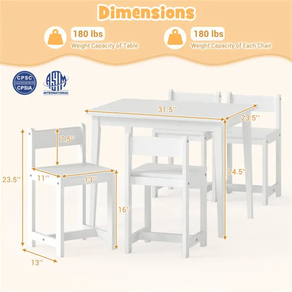 Web Based Kids Wooden Table And Chairs Set (1 Table + 4 Chairs), Rubber Wood Toddler Activity Set (White)