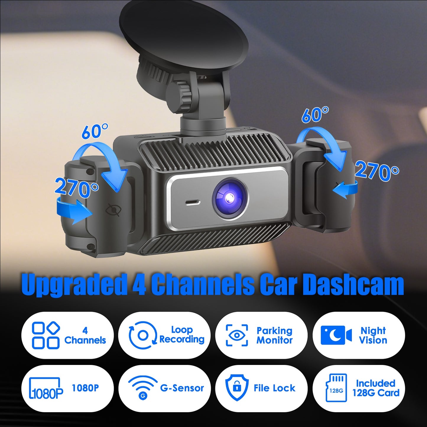 Web Based 4 Channel Car Dash Cam With 128G MMC Card 1080P Front 720P Left Right 480P Rear G-Sensor Parking Monitor Loop Recording Night Vision 360 Degree Surveillance Car Camera