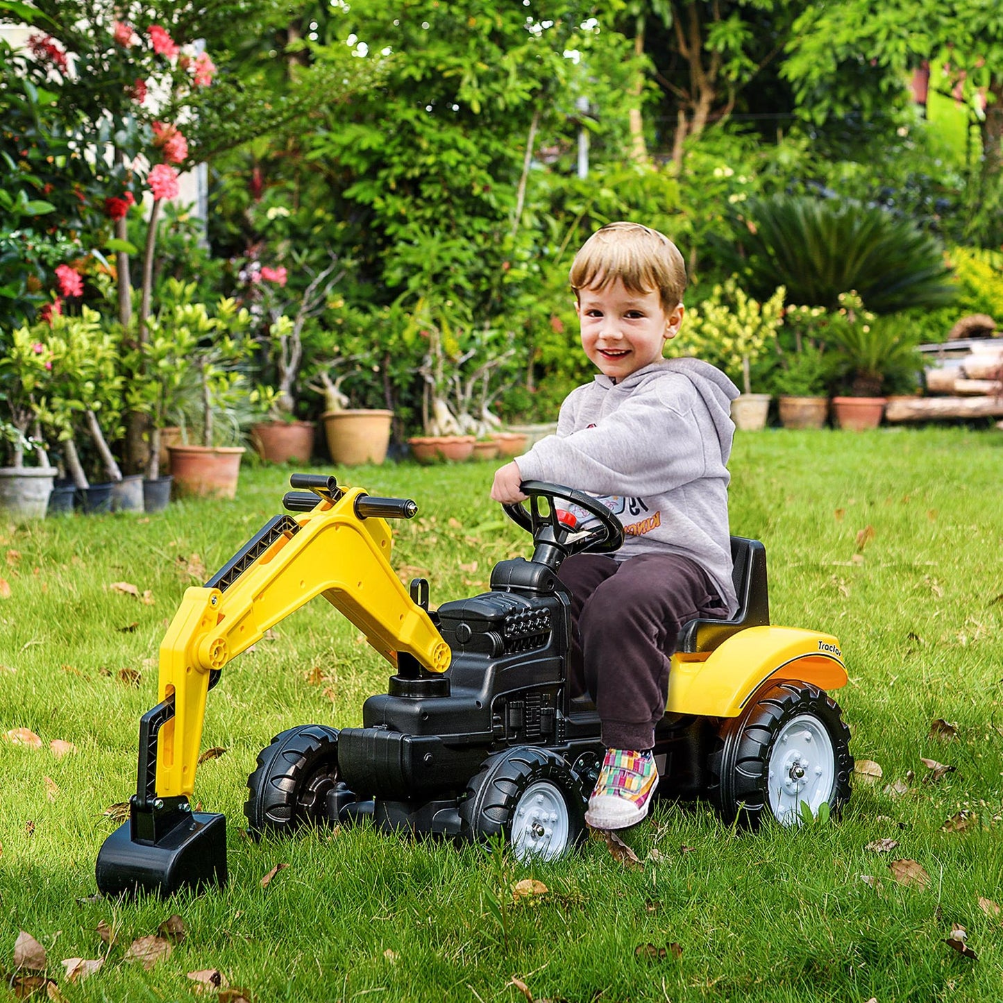Web Based Kids Ride On Excavator, Pedal Digger, Construction Truck with Horn for Kids and Toddlers 3+, Yellow