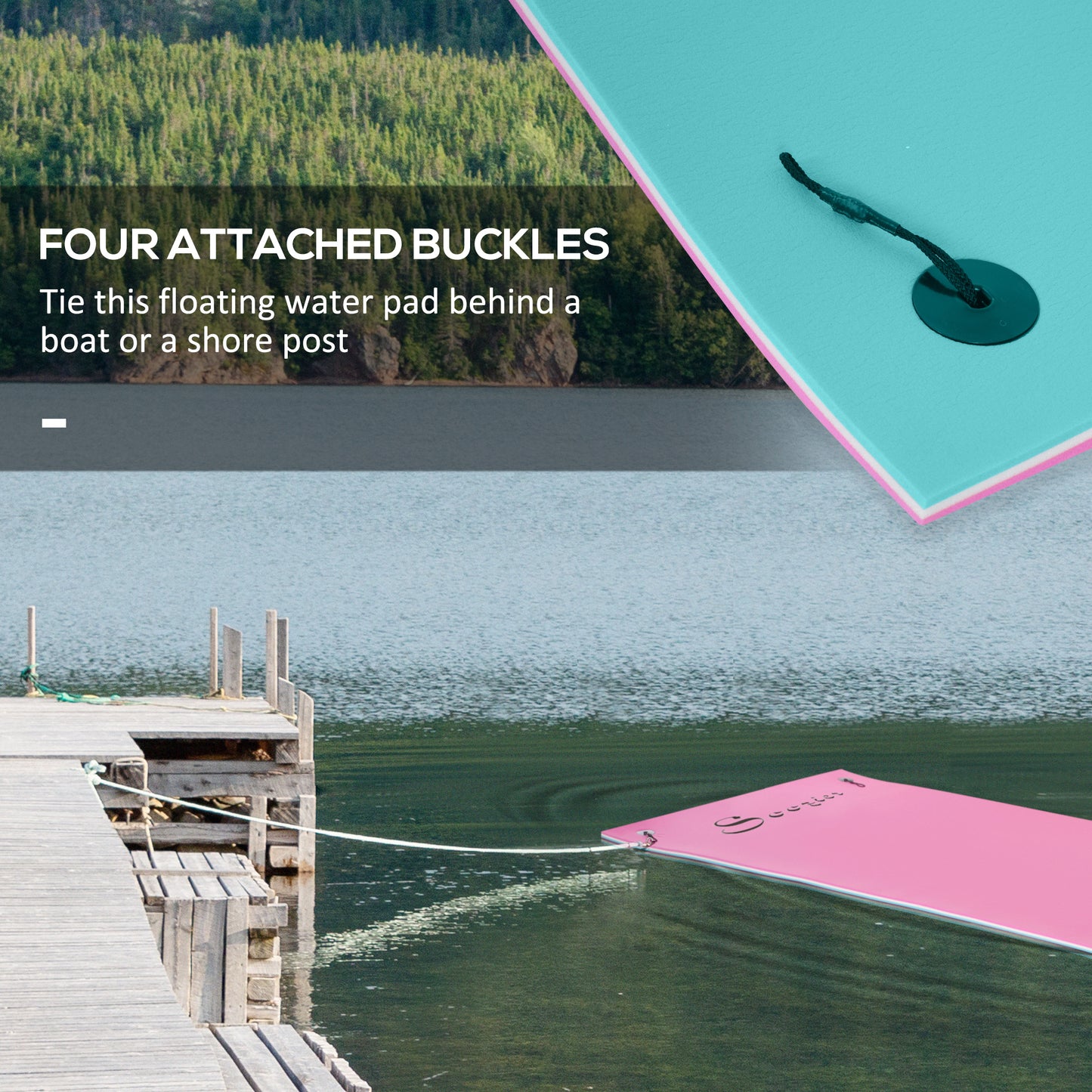 Web Based 12' x 5' Lily Pad Floating Mat with Cup Holder Table, 3-Layer Portable Roll-Up Water Mat Float Dock for 2-3 People, on Lake, River, Beach, Swimming Pool, Pink