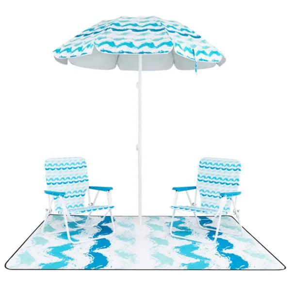 Web Based 4-Piece Beach Set With 6.2ft Sun-Proof Umbrella, 2 Folding Chairs & 80 X 80 Waterproof Blanket-Blue