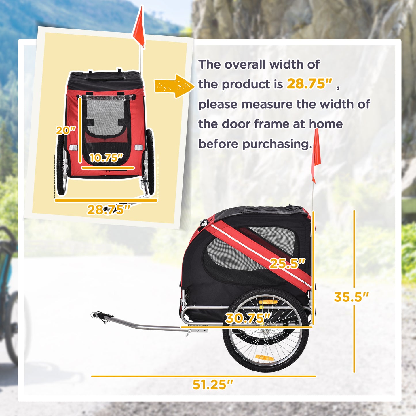 Web Based Dog Bike Trailer With Easy Folding Cart Frame, Large Wheels, 3 Entrances, Mesh Screen, For Dogs Within 44 Lbs, Red & Black