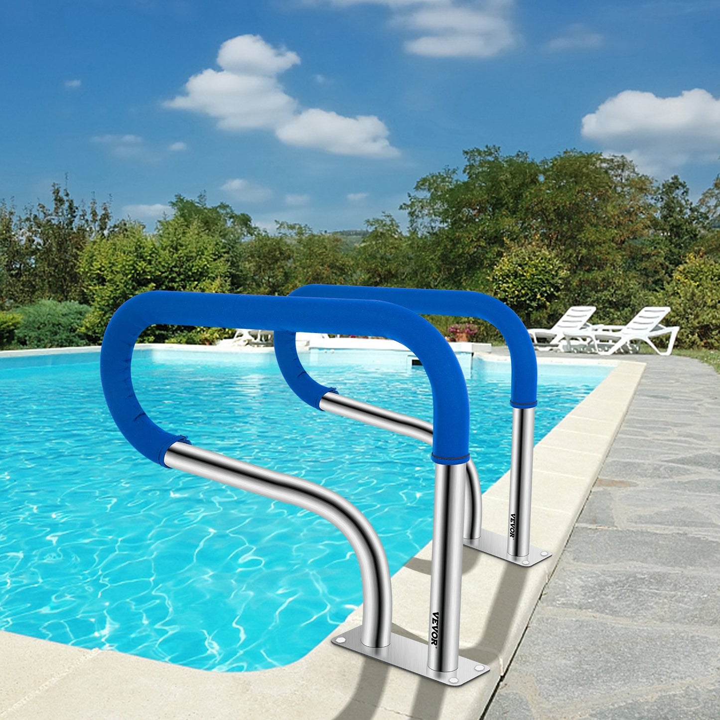 Web Based Pool Handrail, 32 X 22.5 Swimming Pool Stair Rail, 304 Stainless Steel Stair Pool Hand Rail Rated 375lbs Load Capacity, Pool Rail With Quick Mount Base Plate, And Complete Mounting Accessories