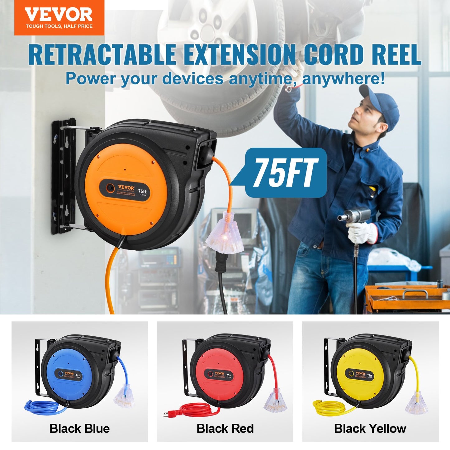 Web BasedRetractable Extension Cord Reel Power Cord Reel 75FT 14AWG/3C SJTOW