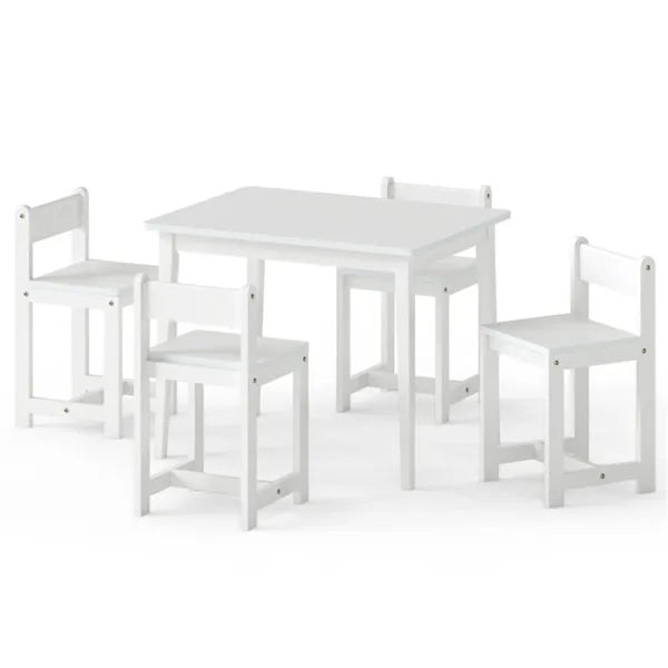 Web Based Kids Wooden Table And Chairs Set (1 Table + 4 Chairs), Rubber Wood Toddler Activity Set (White)