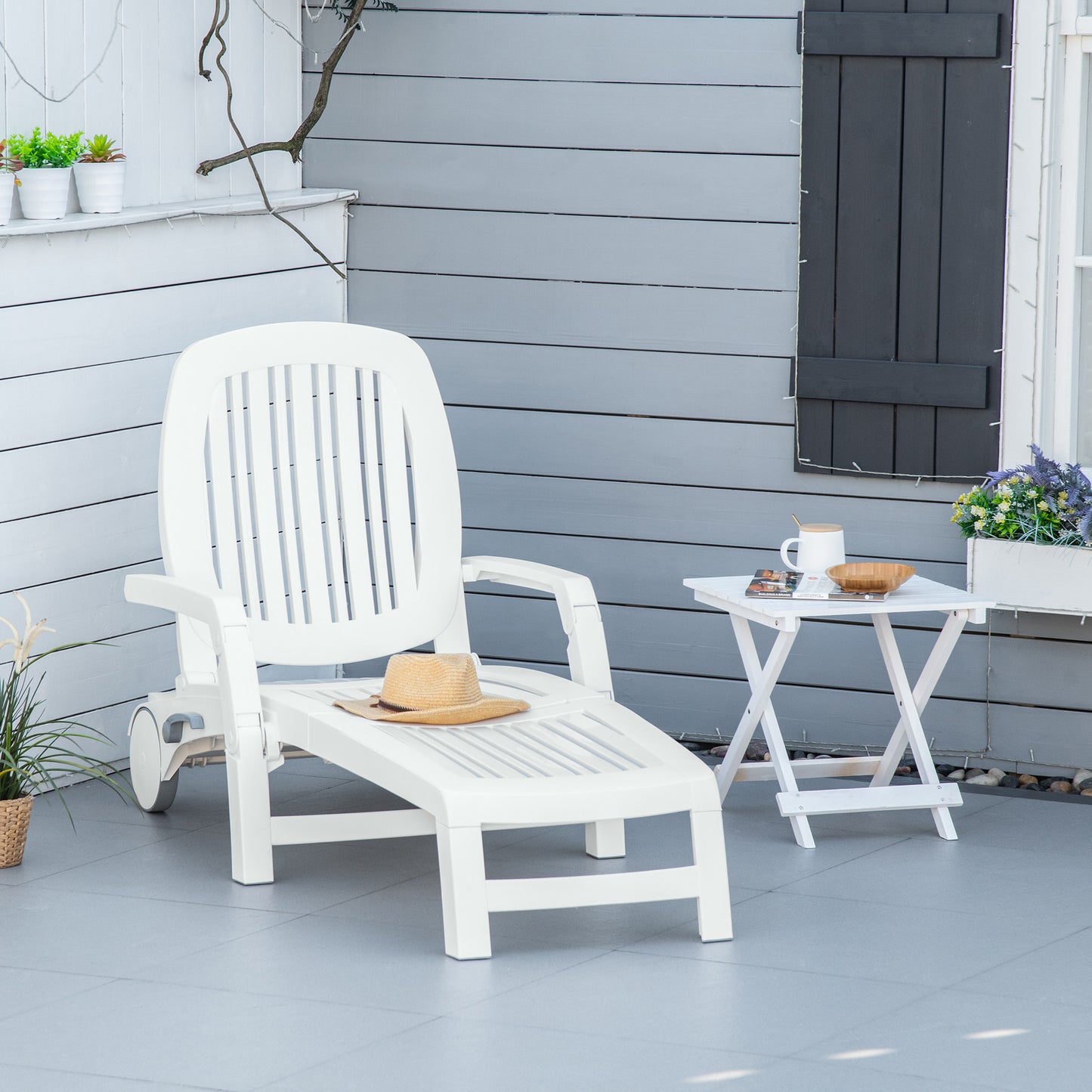Web Based Outdoor Chaise Lounge Chair on Wheels with Storage Box