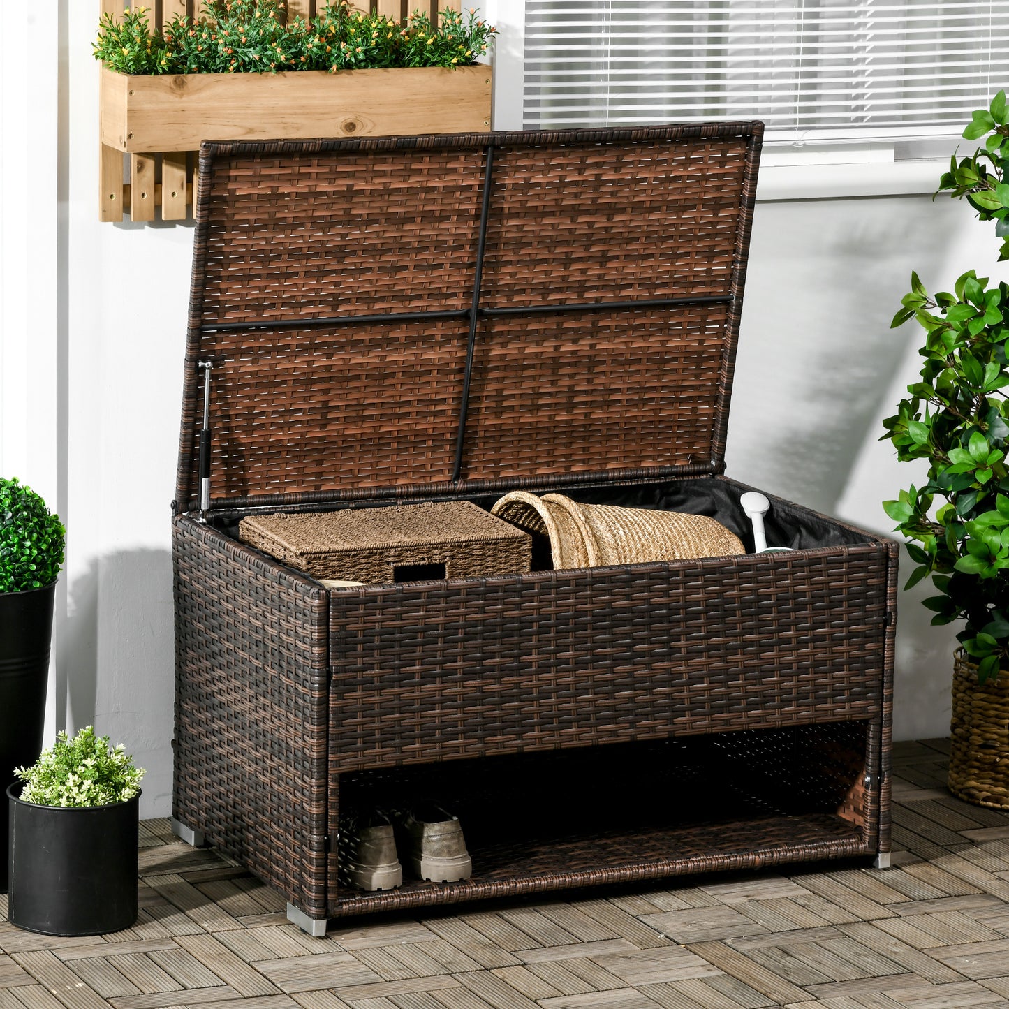 Web Based Outdoor Deck Box & Shoe Storage, PE Rattan Wicker Towel Rack with Liner for Indoor, Outdoor, Patio Furniture Cushions, Pool, Garden Tools, Brown