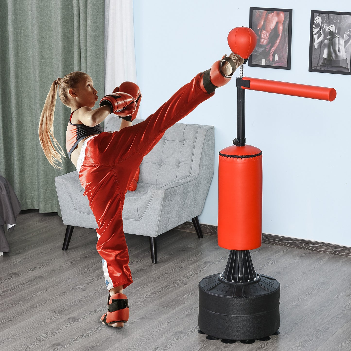 Web Based Boxing Bag, Freestanding Punching Bag with Speed Ball, Rotating Boxing Bar and Gloves, Weighted Base