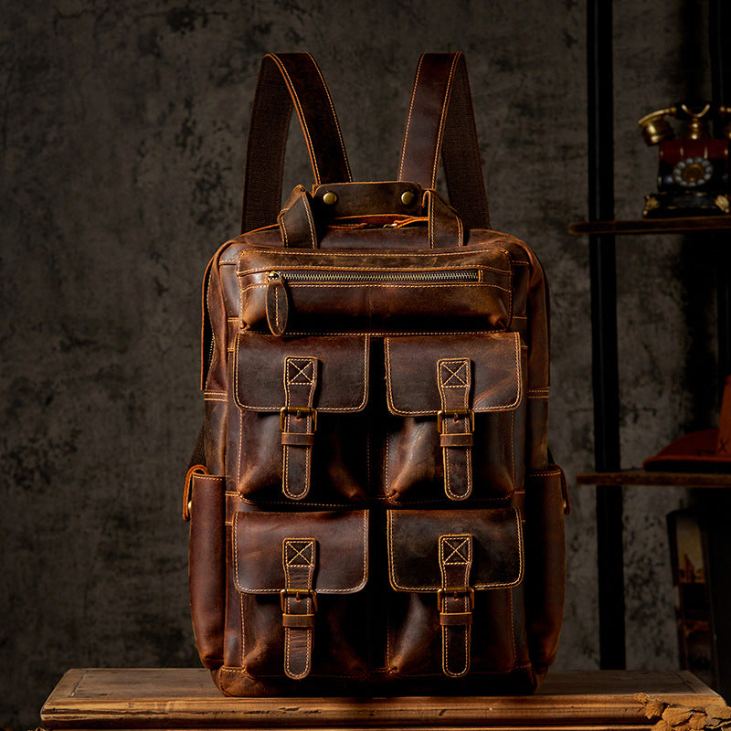 Web Based Men's Large Capacity Retro Outdoor Travel Leather Backpack