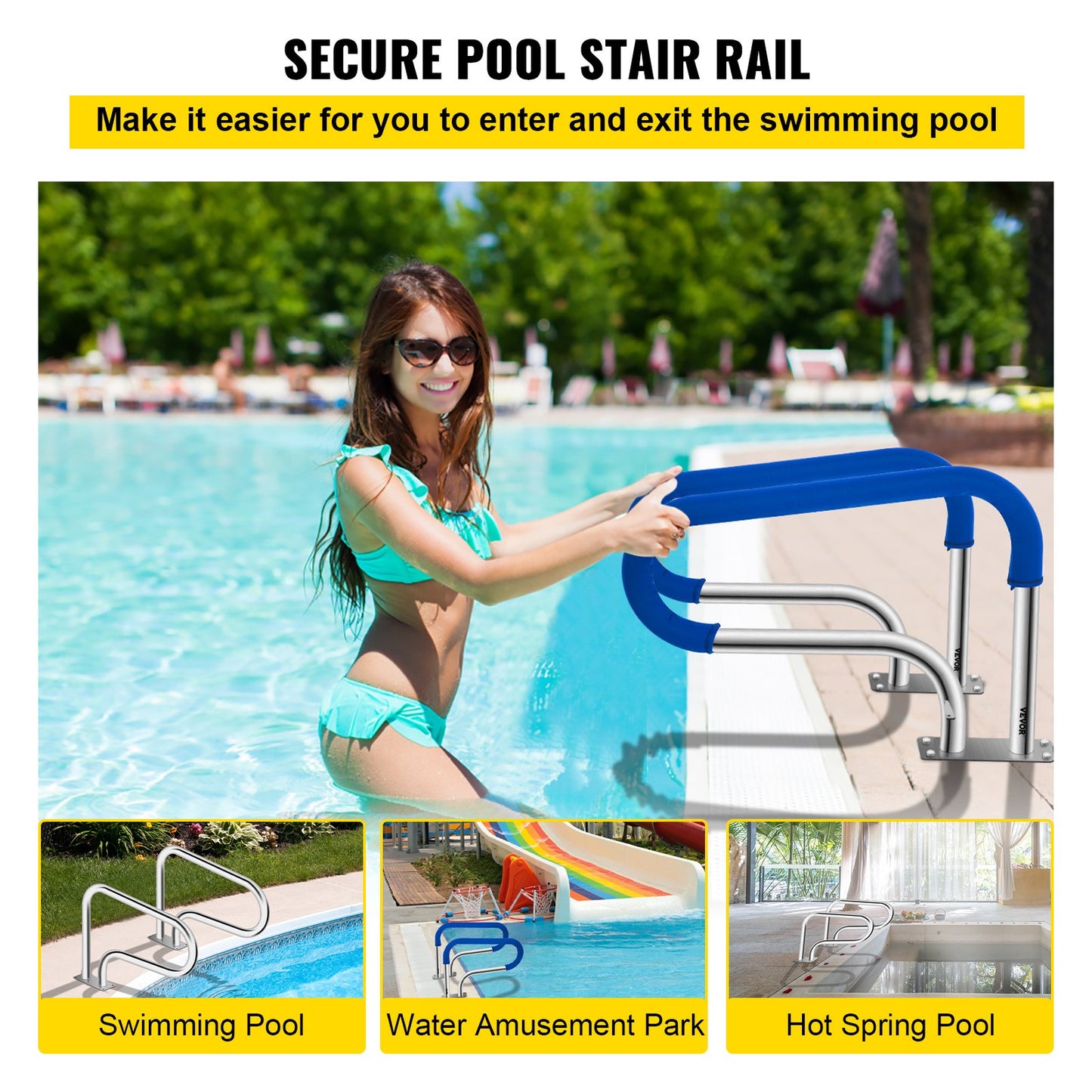 Web Based Pool Handrail, 32 X 22.5 Swimming Pool Stair Rail, 304 Stainless Steel Stair Pool Hand Rail Rated 375lbs Load Capacity, Pool Rail With Quick Mount Base Plate, And Complete Mounting Accessories