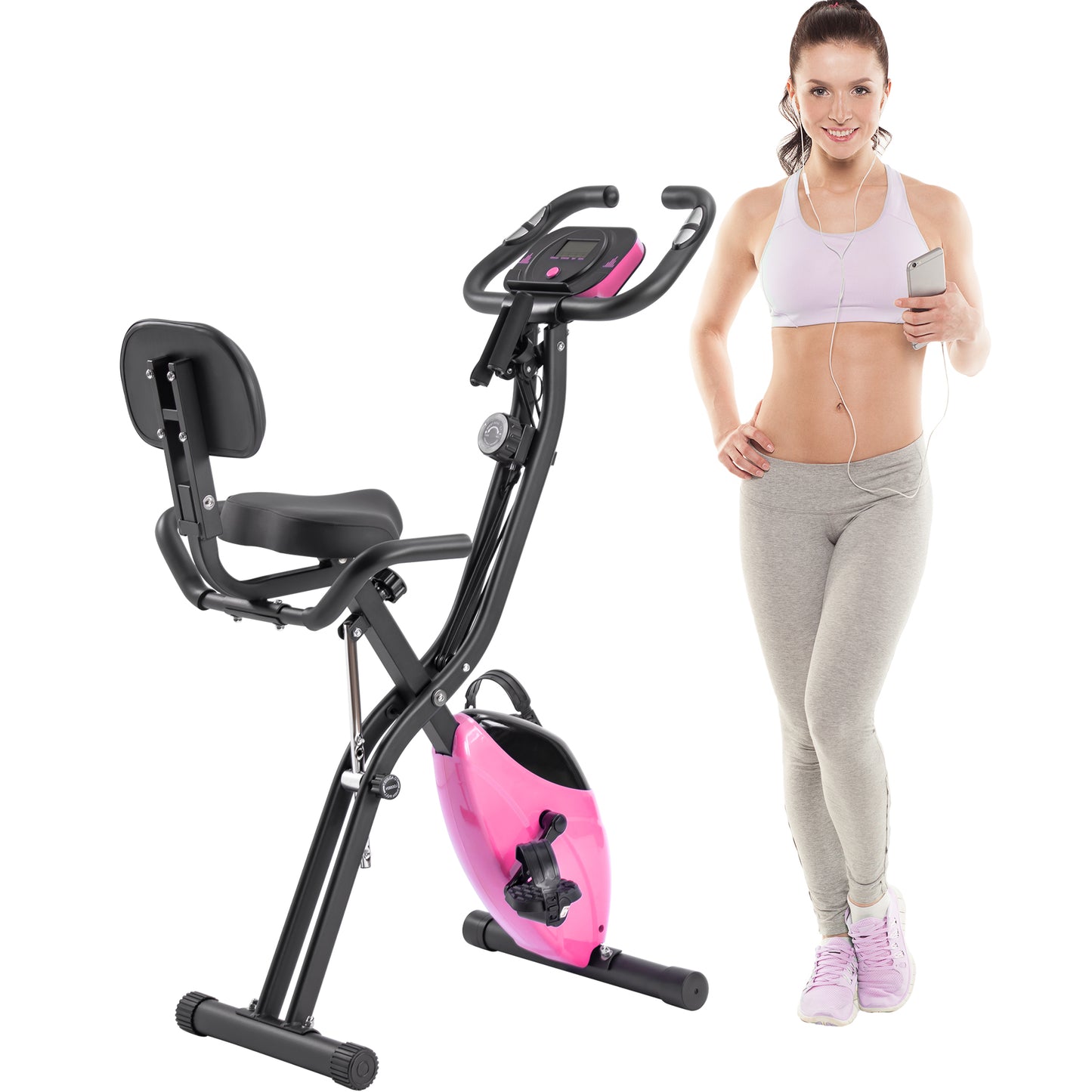 Web Based Folding Exercise Bike, Fitness Upright And Recumbent X-Bike With 16-Level Adjustable Resistance, Arm Bands And Backrest