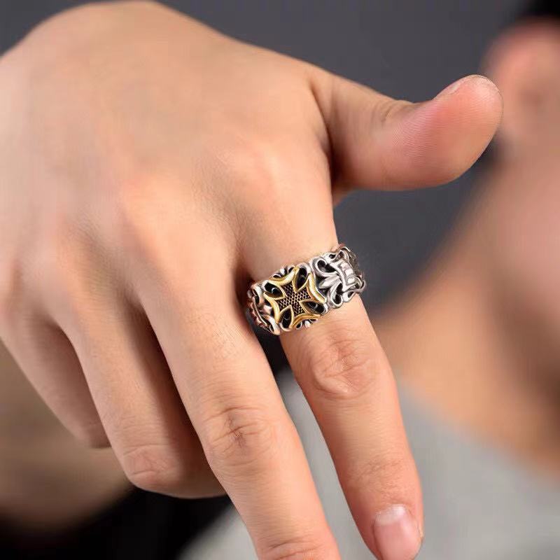 Web Based S925 Silver Punk Men's Cross Ring Anchor Flower