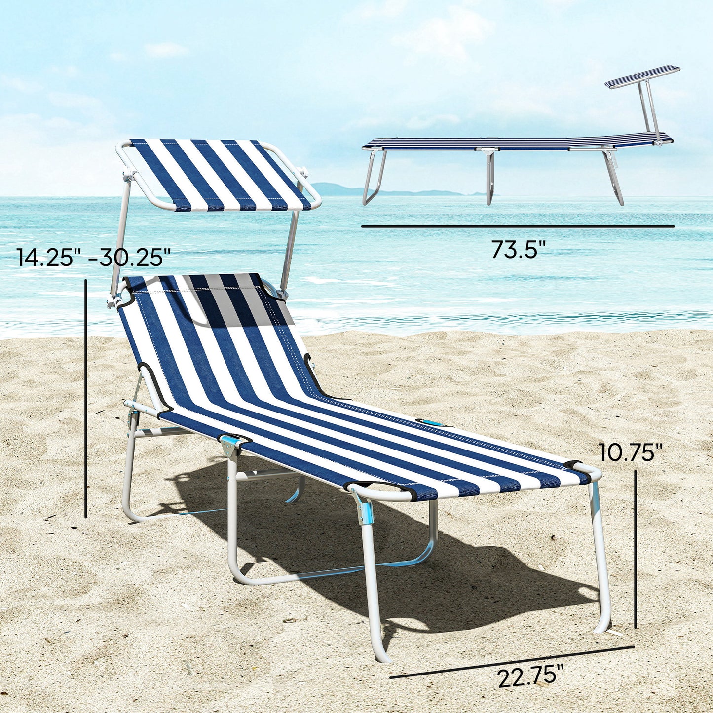 Web Based Outdoor Pool Chaise Lounge Chair, Folding Tanning Chair with Sun Shade, Blue and White