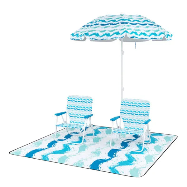 Web Based 4-Piece Beach Set With 6.2ft Sun-Proof Umbrella, 2 Folding Chairs & 80 X 80 Waterproof Blanket-Blue