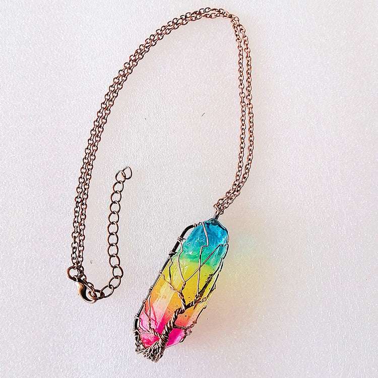 Web Based  Stone Crystal Pillar Tree Of Life Pendant Ins Fashion Necklace
