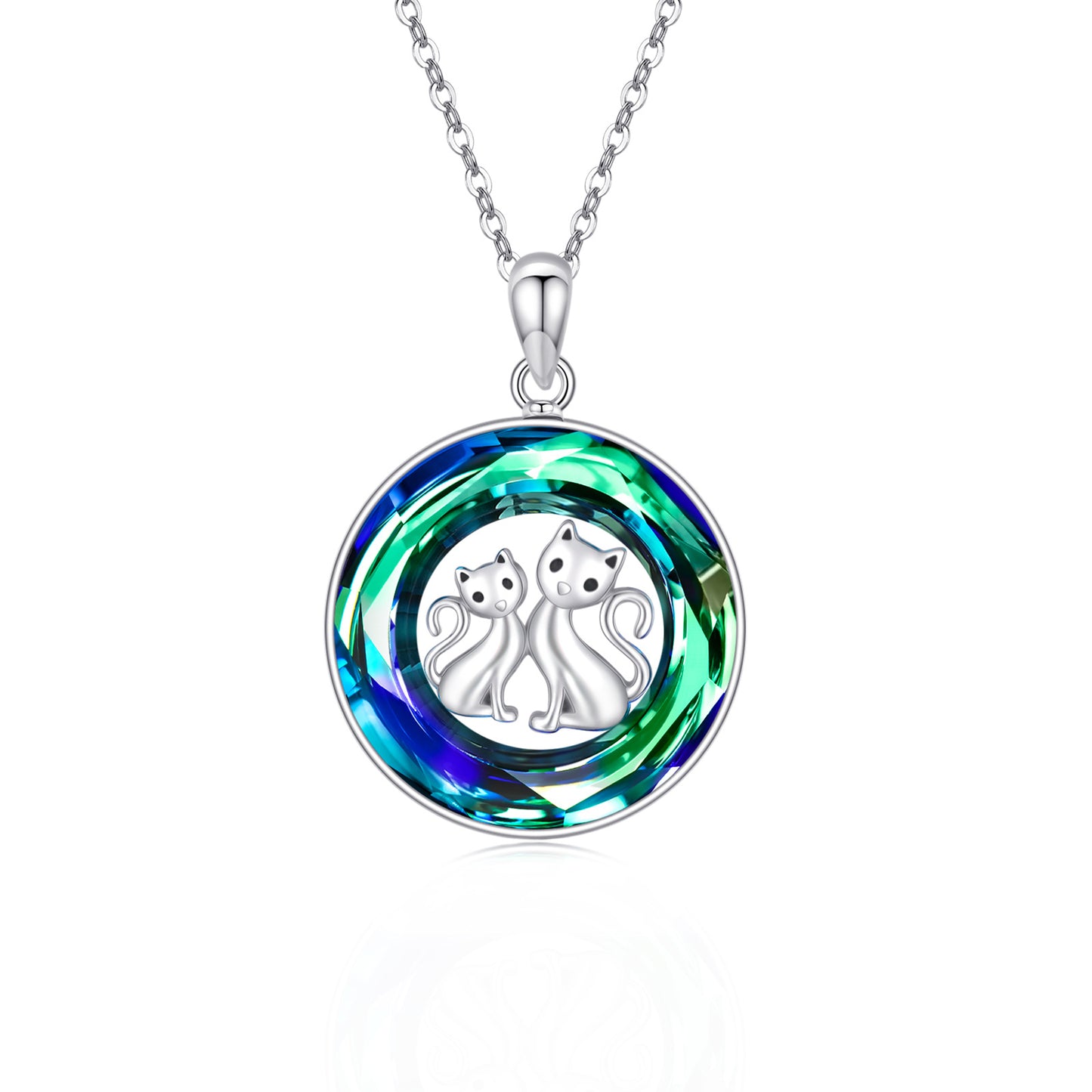 Web Based Crystal Circle Cat Pendant Necklace Sterling Silver