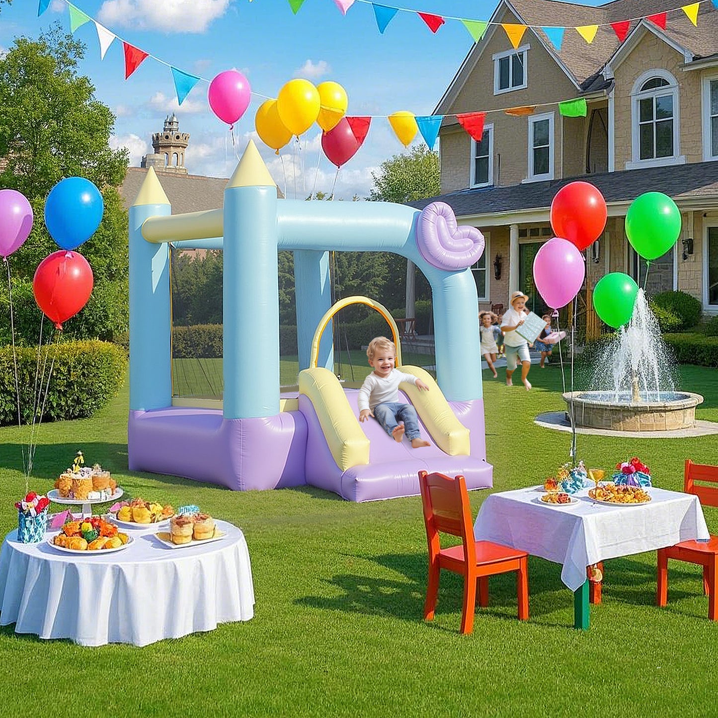 Web Based Inflatable Bounce House with Air Blower, Slide, Stakes, Repair Patches, Storage Bag, for Kids Ages 3-8, 98" x 65" x 79"