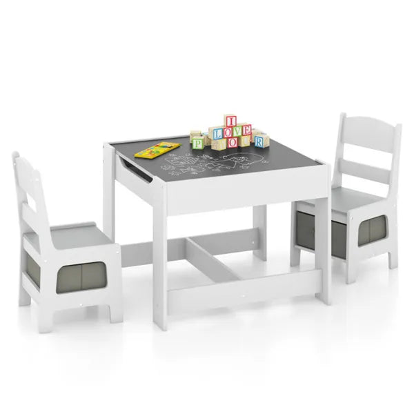 Web Based 2-in-1 Kids Activity Table And Chairs Set, Double-Sided Whiteboard & Blackboard, With Hidden Storage, Certified Non-Toxic MDF, Perfect Gift For 3-7 Years Old (White)