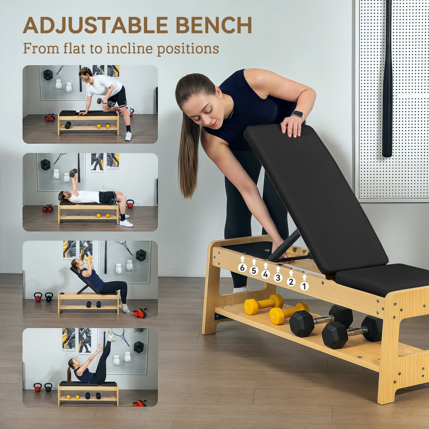 Wab Based Wooden Adjustable Weight Bench with Dumbbell Rack, Flat or Incline Workout Bench for Home Gym Weight Lifting, Black